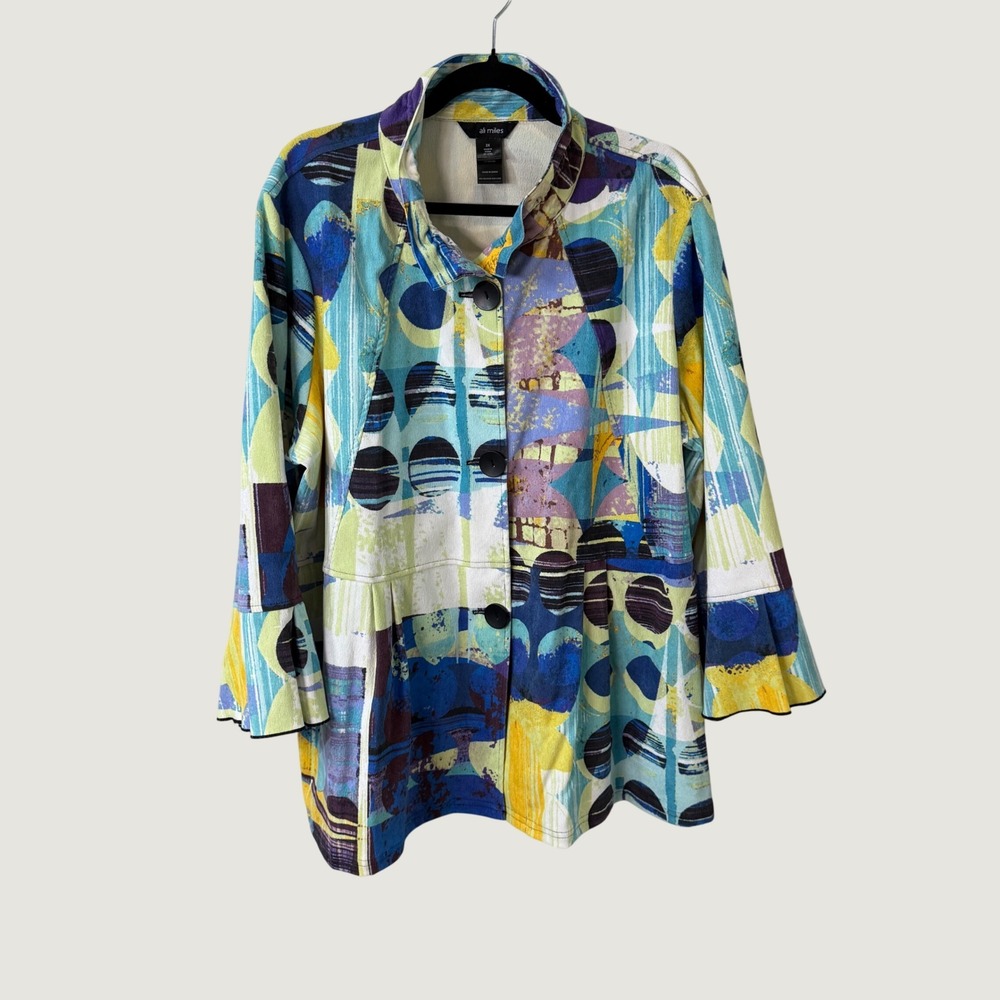 Ali Miles Abstract Geometric Jacket Blue Yellow 2X Art To Wear Boho